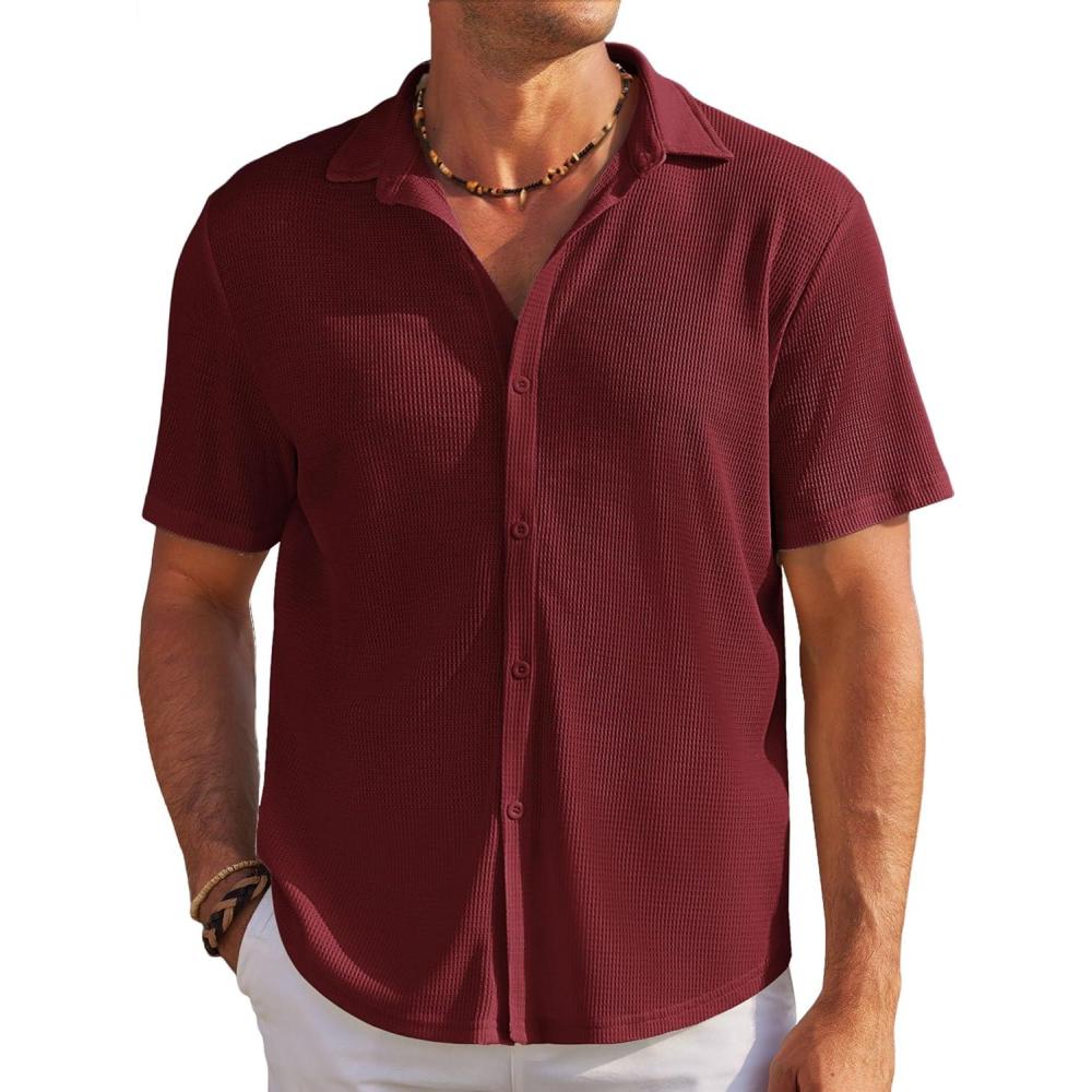 imageCOOFANDY Mens Casual Shirts Short Sleeve Waffle Knit Button Down Shirt Wrinkle Free Summer Beach TopsWine Red