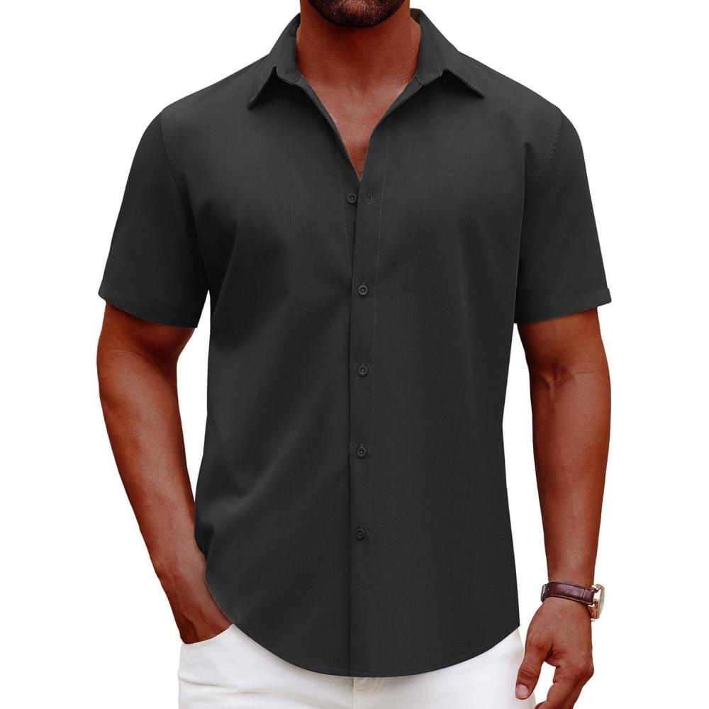 imageCOOFANDY Mens Casual Short Sleeve Button Down Shirts Summer Untucked Wrinkle Free ShirtsBlack