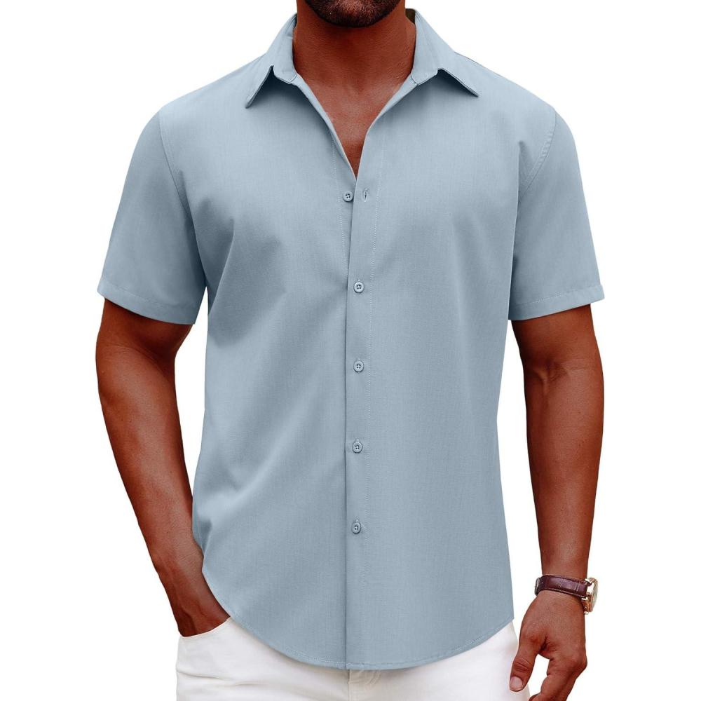 imageCOOFANDY Mens Casual Short Sleeve Button Down Shirts Summer Untucked Wrinkle Free ShirtsLight Blue