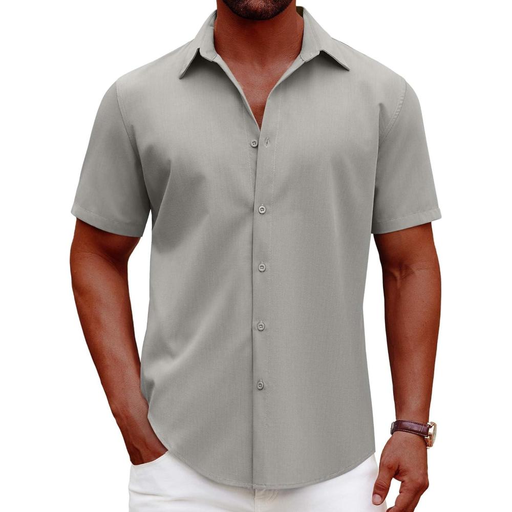 imageCOOFANDY Mens Casual Short Sleeve Button Down Shirts Summer Untucked Wrinkle Free ShirtsLight Grey