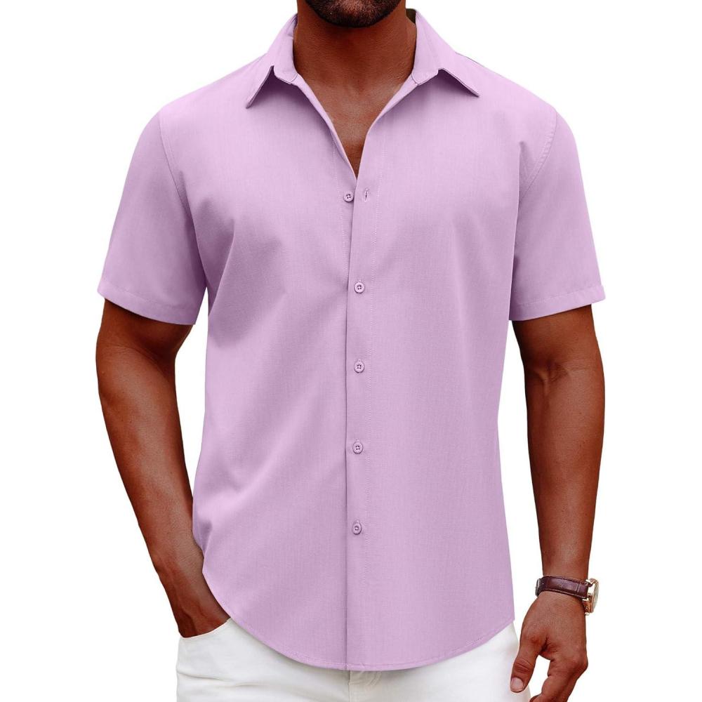 imageCOOFANDY Mens Casual Short Sleeve Button Down Shirts Summer Untucked Wrinkle Free ShirtsLight Purple