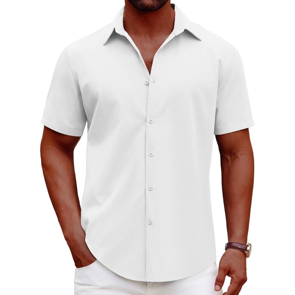 imageCOOFANDY Mens Casual Short Sleeve Button Down Shirts Summer Untucked Wrinkle Free ShirtsWhite