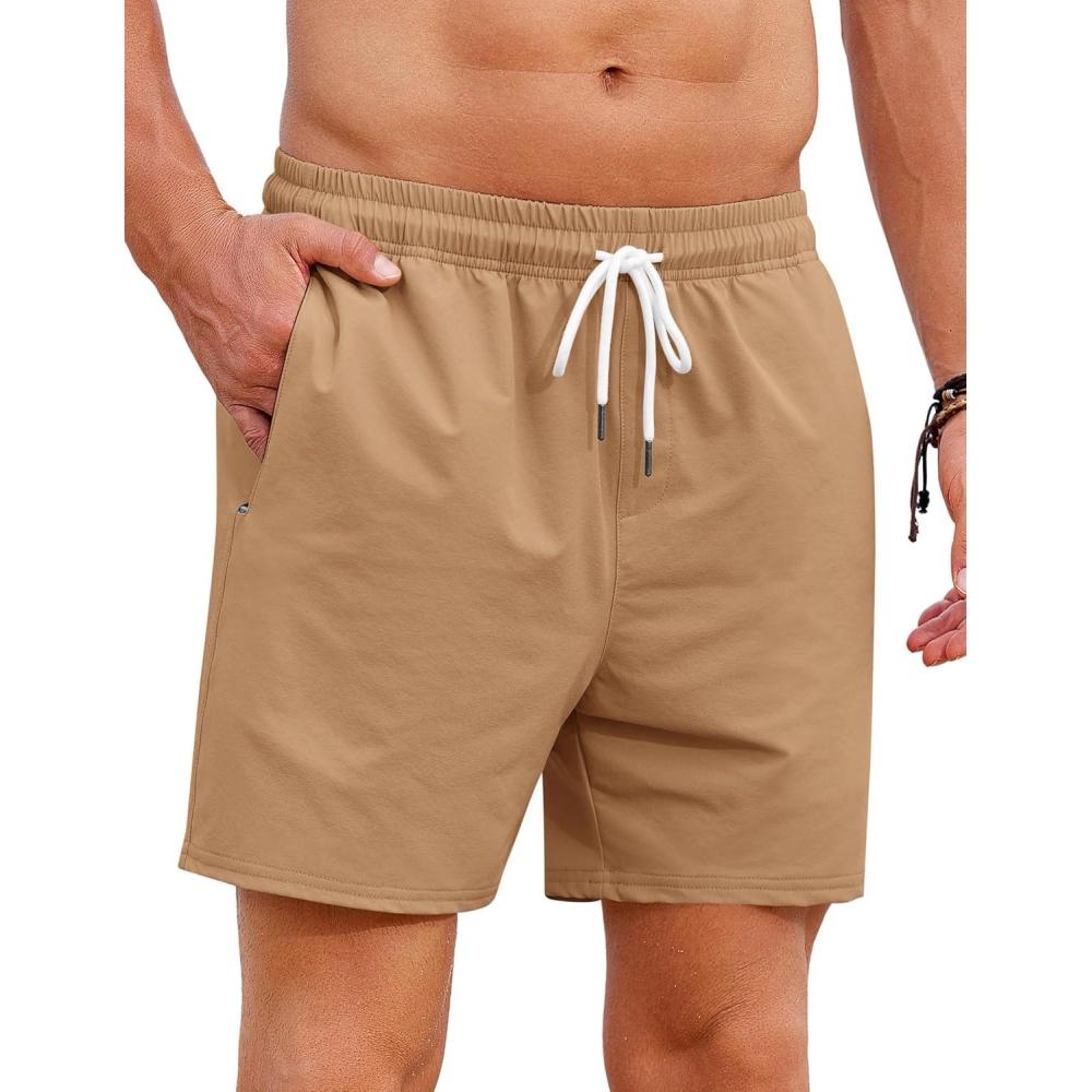 imageCOOFANDY Mens Casual Shorts 5quot Elastic Drawstring Shorts Summer Beach Athletic ShortsLight Brown