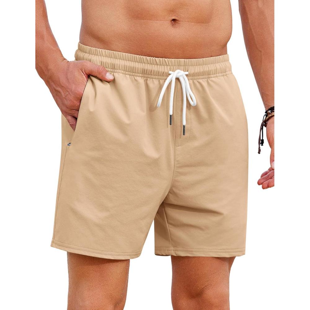 imageCOOFANDY Mens Casual Shorts 5quot Elastic Drawstring Shorts Summer Beach Athletic ShortsLight Khaki