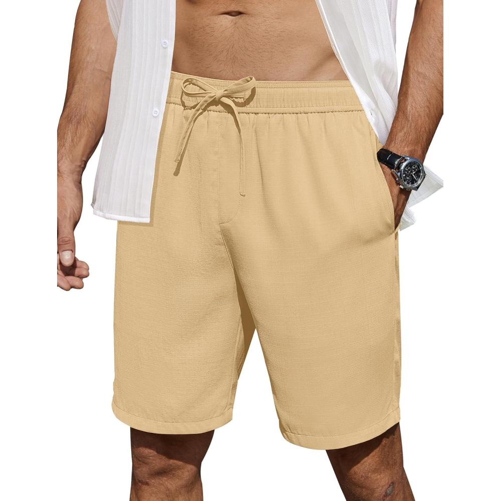imageCOOFANDY Mens Casual Shorts 7 inch Elastic Waist Drawstring Lightweight Summer Beach Shorts with PocketsKhaki
