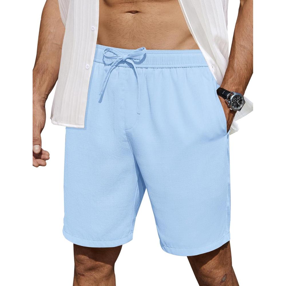 imageCOOFANDY Mens Casual Shorts 7 inch Elastic Waist Drawstring Lightweight Summer Beach Shorts with PocketsLight Blue