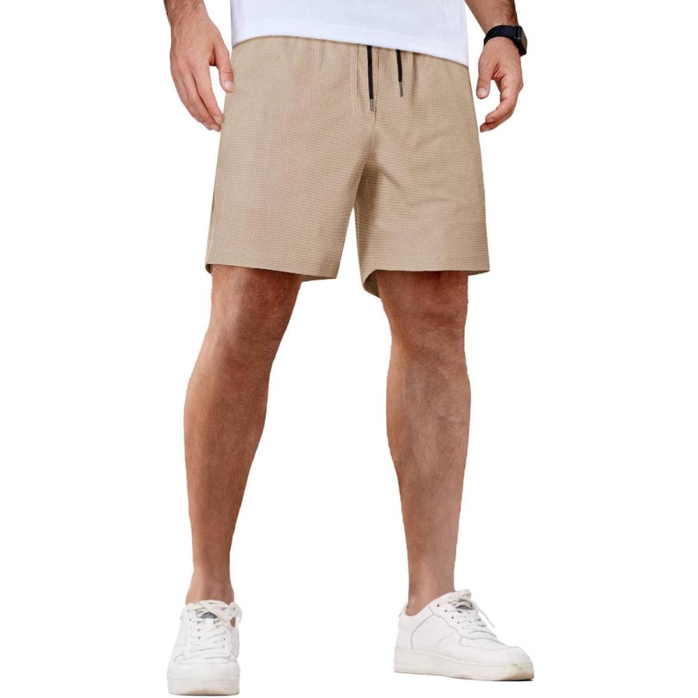 imageCOOFANDY Mens Casual Shorts Waffle Elastic Waist Drawstring Shorts Lightweight Summer Beach ShortsKhaki