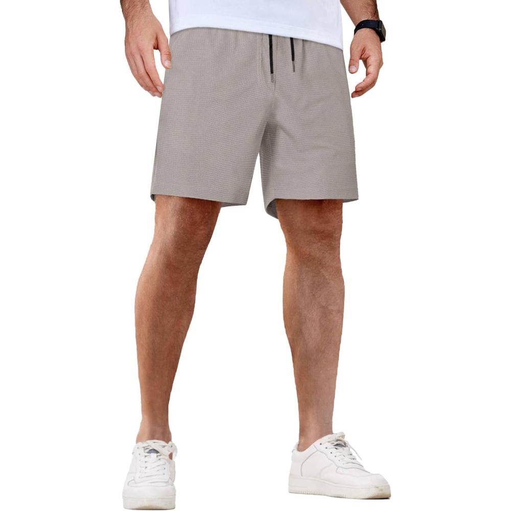 imageCOOFANDY Mens Casual Shorts Waffle Elastic Waist Drawstring Shorts Lightweight Summer Beach ShortsLight Grey
