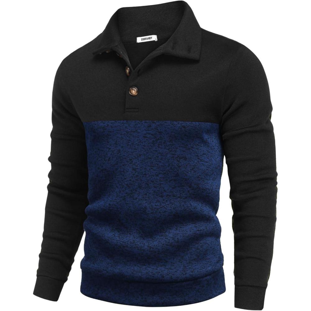imageCOOFANDY Mens Casual Slim Fit Pullover Sweater Knitted Thermal SweatshirtBlack Patchwork Navy Blue