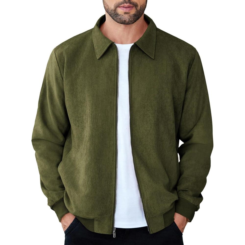 imageCOOFANDY Mens Casual Suede Bomber Jacket Lightweight Full Zip Up Jackets Vintage Faux Leather JacketArmy Green