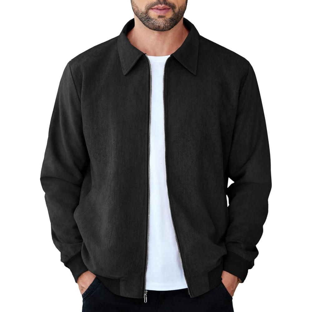 imageCOOFANDY Mens Casual Suede Bomber Jacket Lightweight Full Zip Up Jackets Vintage Faux Leather JacketBlack