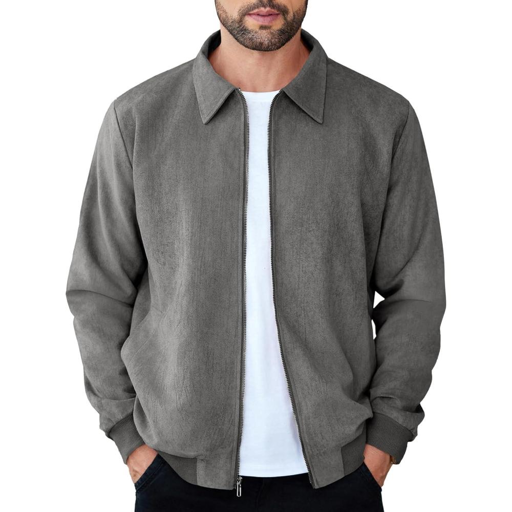 imageCOOFANDY Mens Casual Suede Bomber Jacket Lightweight Full Zip Up Jackets Vintage Faux Leather JacketDark Grey
