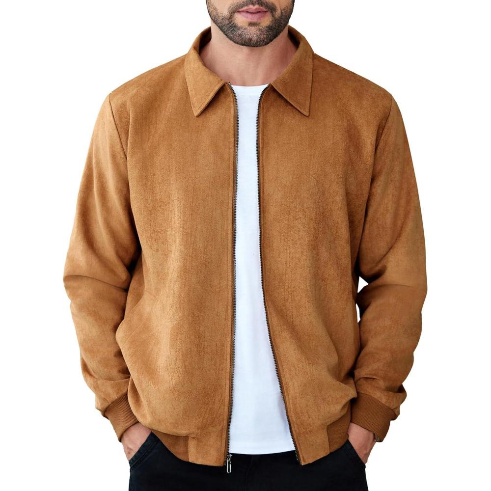 imageCOOFANDY Mens Casual Suede Bomber Jacket Lightweight Full Zip Up Jackets Vintage Faux Leather JacketLight Brown