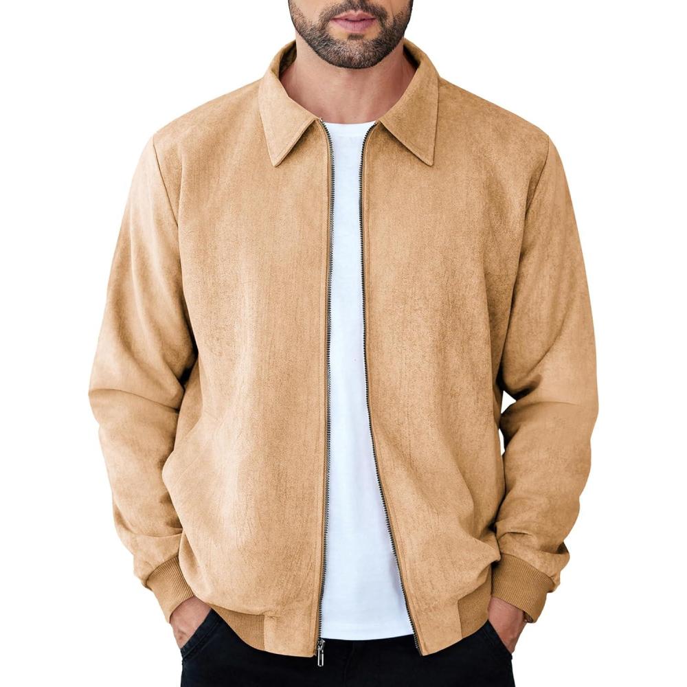 imageCOOFANDY Mens Casual Suede Bomber Jacket Lightweight Full Zip Up Jackets Vintage Faux Leather JacketLight Tan