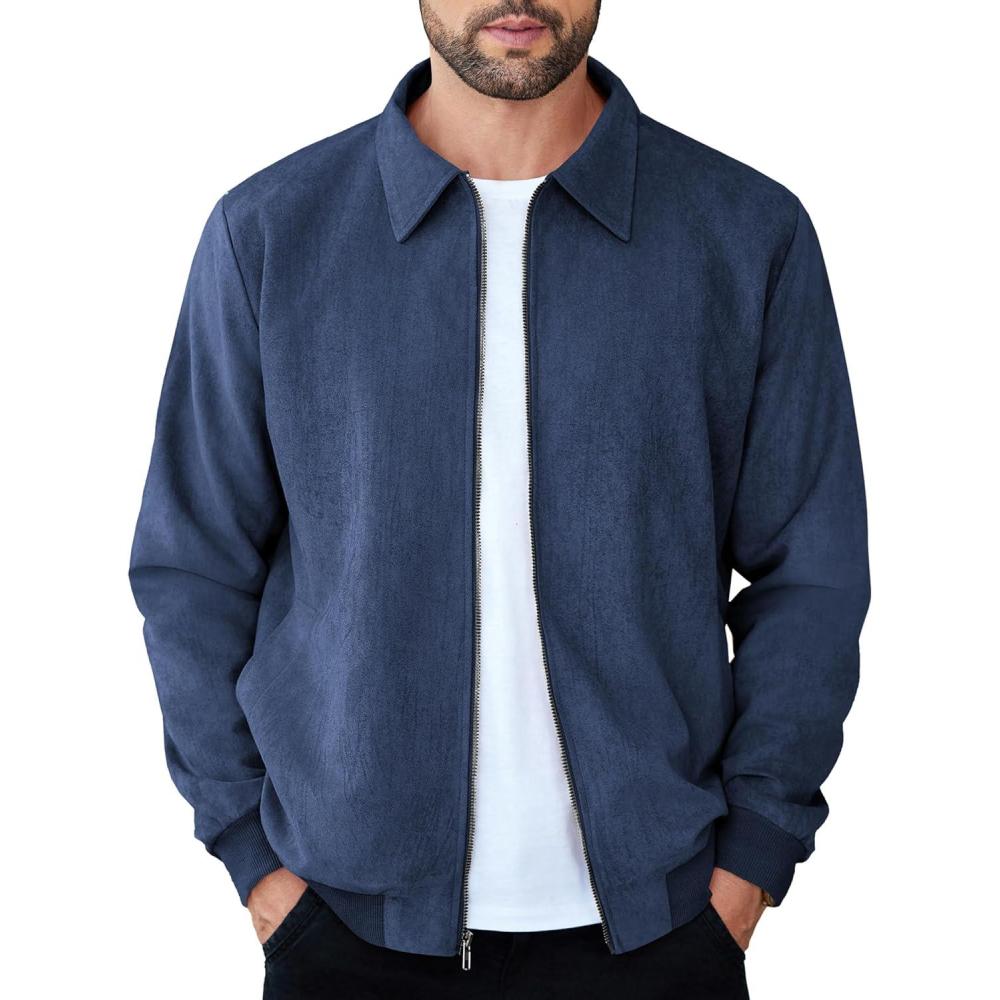 imageCOOFANDY Mens Casual Suede Bomber Jacket Lightweight Full Zip Up Jackets Vintage Faux Leather JacketNavy Blue