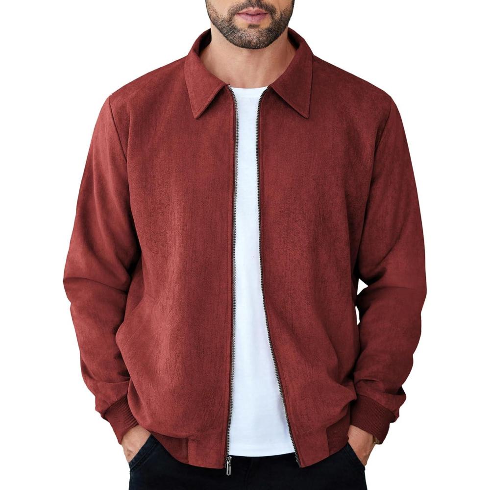 imageCOOFANDY Mens Casual Suede Bomber Jacket Lightweight Full Zip Up Jackets Vintage Faux Leather JacketWine Red