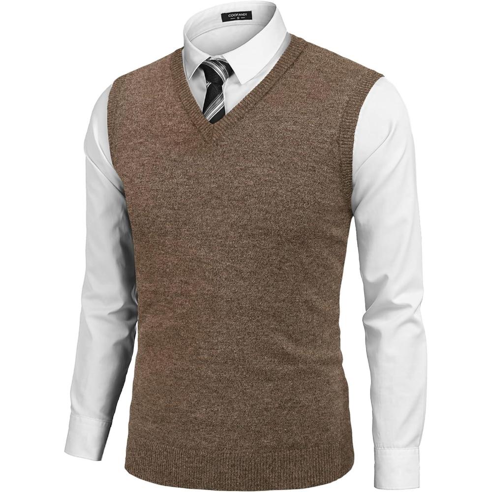 imageCOOFANDY Mens Casual Sweater Vest Lightweight VNeck Solid Knit Vest Brown
