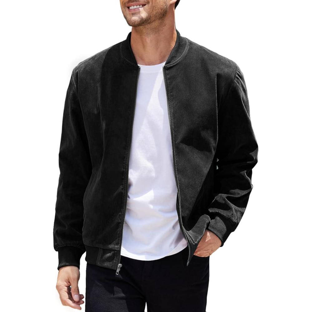 imageCOOFANDY Mens Casual Varsity Jacket Vintage Lightweight Suede Bomber JacketsBlack