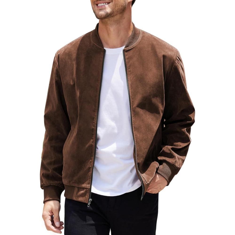 imageCOOFANDY Mens Casual Varsity Jacket Vintage Lightweight Suede Bomber JacketsBrown