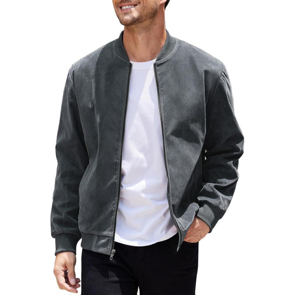 imageCOOFANDY Mens Casual Varsity Jacket Vintage Lightweight Suede Bomber JacketsDark Grey