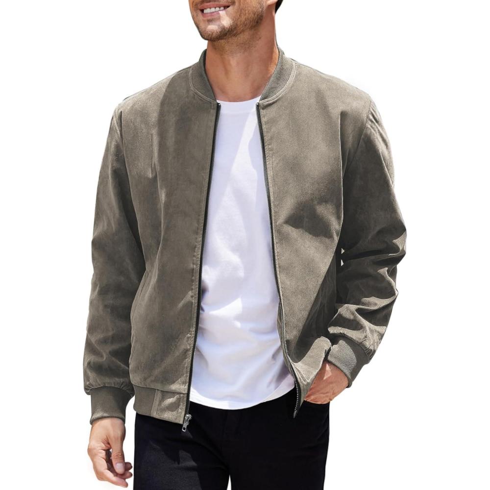 imageCOOFANDY Mens Casual Varsity Jacket Vintage Lightweight Suede Bomber JacketsGrey