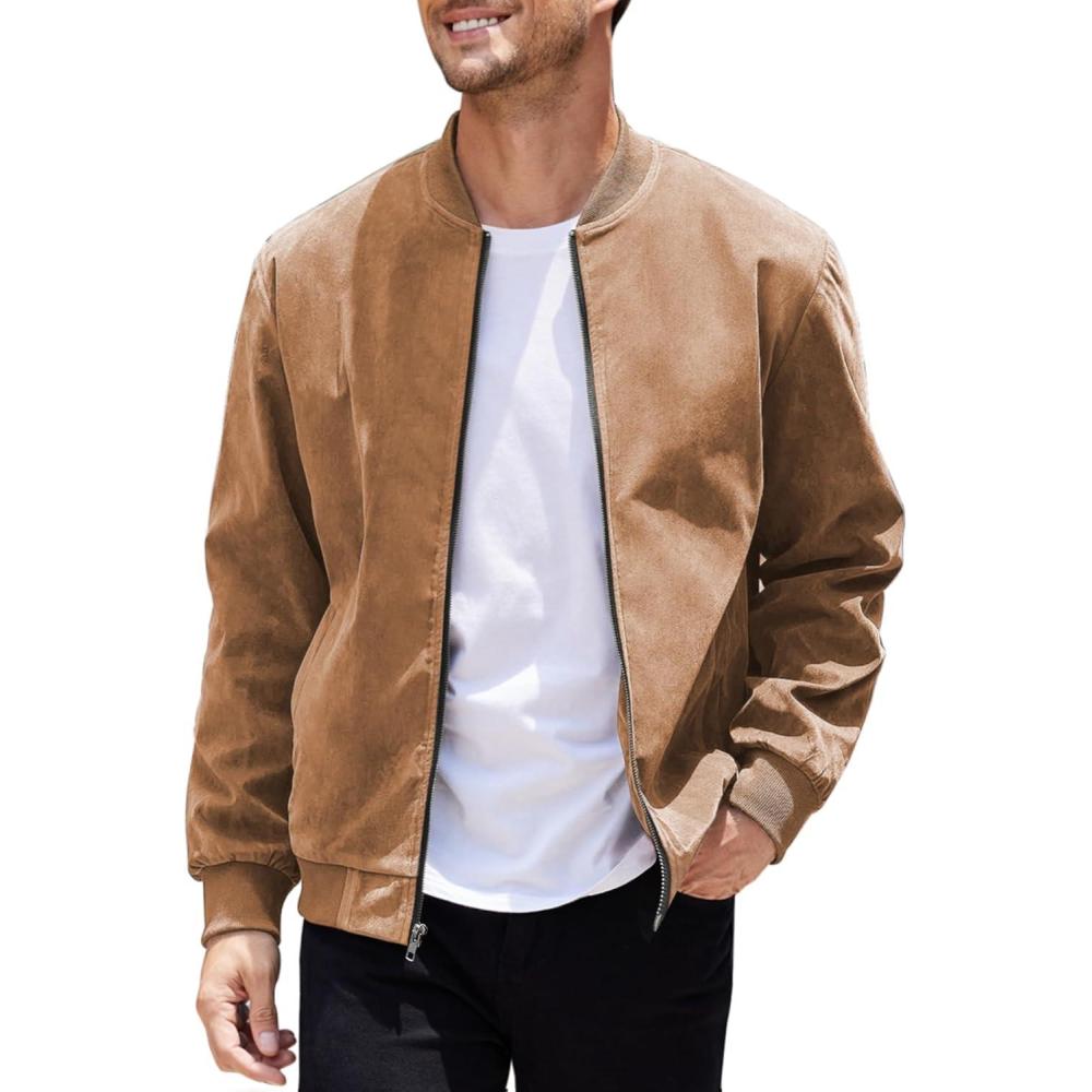 imageCOOFANDY Mens Casual Varsity Jacket Vintage Lightweight Suede Bomber JacketsLight Tan