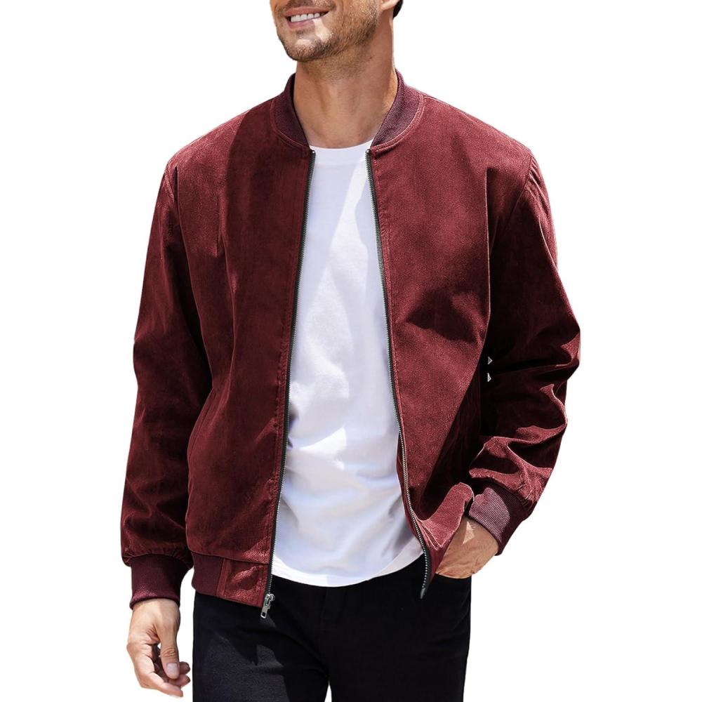 imageCOOFANDY Mens Casual Varsity Jacket Vintage Lightweight Suede Bomber JacketsRed