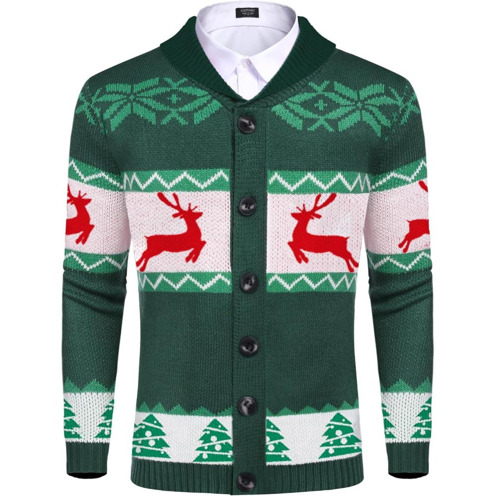 imageCOOFANDY Mens Christmas Cardigans Ugly Xmas Sweaters Reindeer Snowflake Shawl Collar Knitted Cardigan SweaterA  Green  B