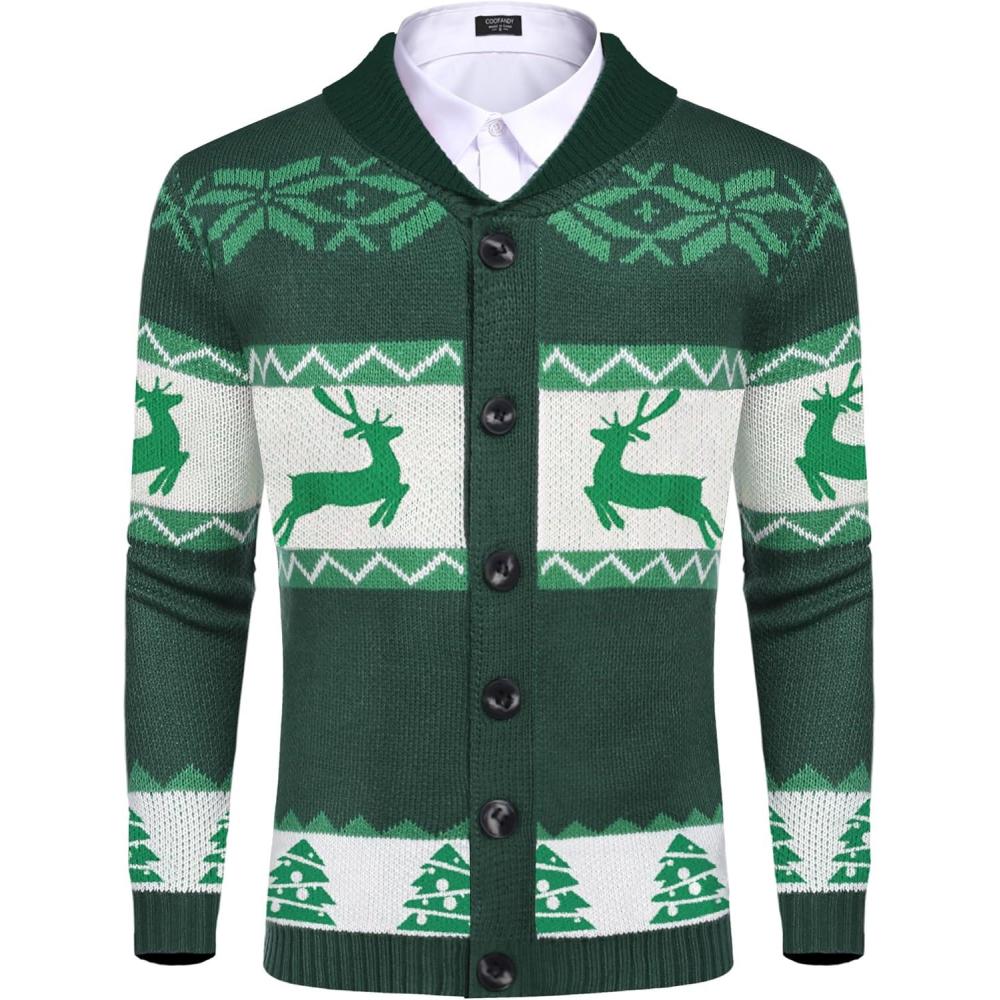 imageCOOFANDY Mens Christmas Cardigans Ugly Xmas Sweaters Reindeer Snowflake Shawl Collar Knitted Cardigan SweaterA Green C