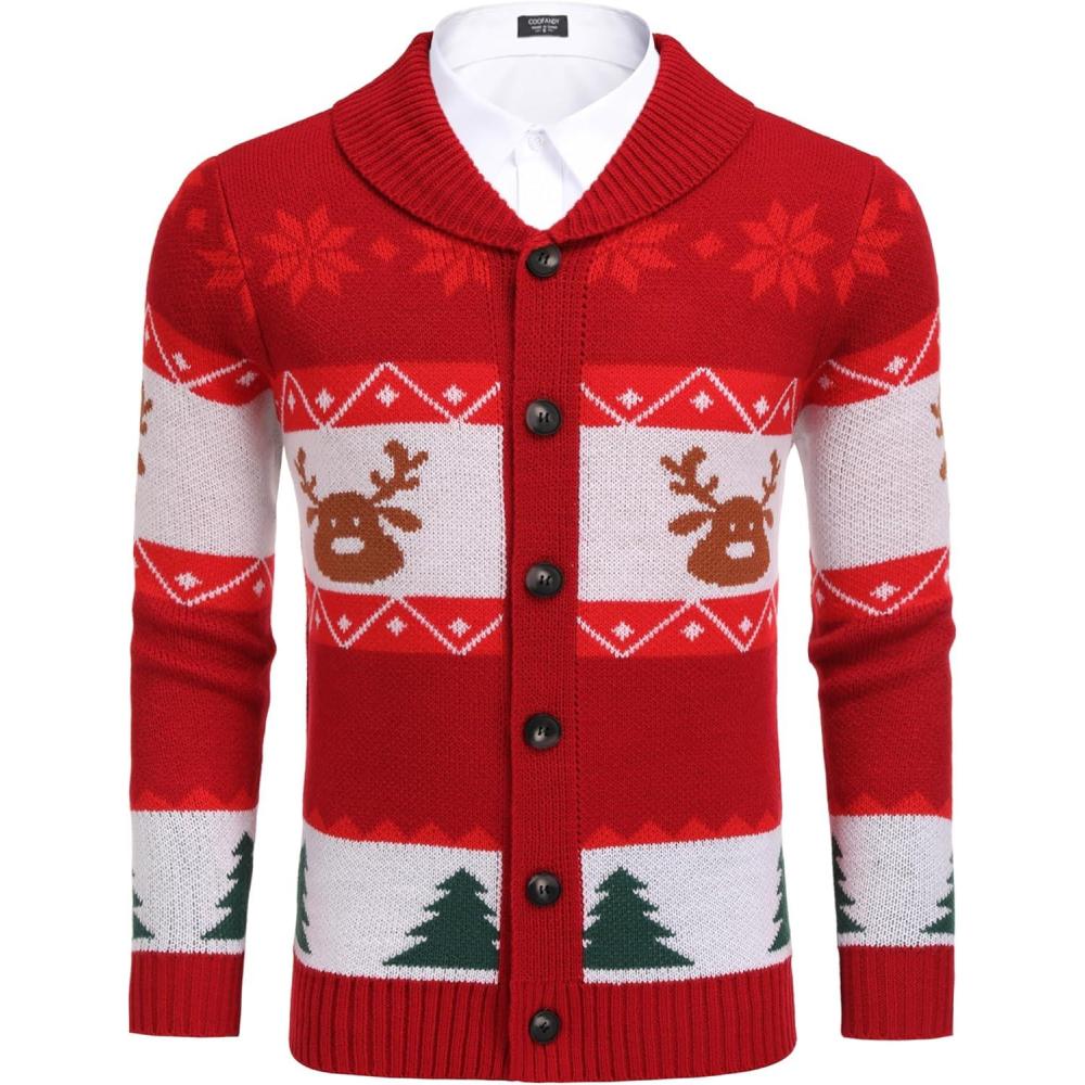 imageCOOFANDY Mens Christmas Cardigans Ugly Xmas Sweaters Reindeer Snowflake Shawl Collar Knitted Cardigan SweaterA  Red  C