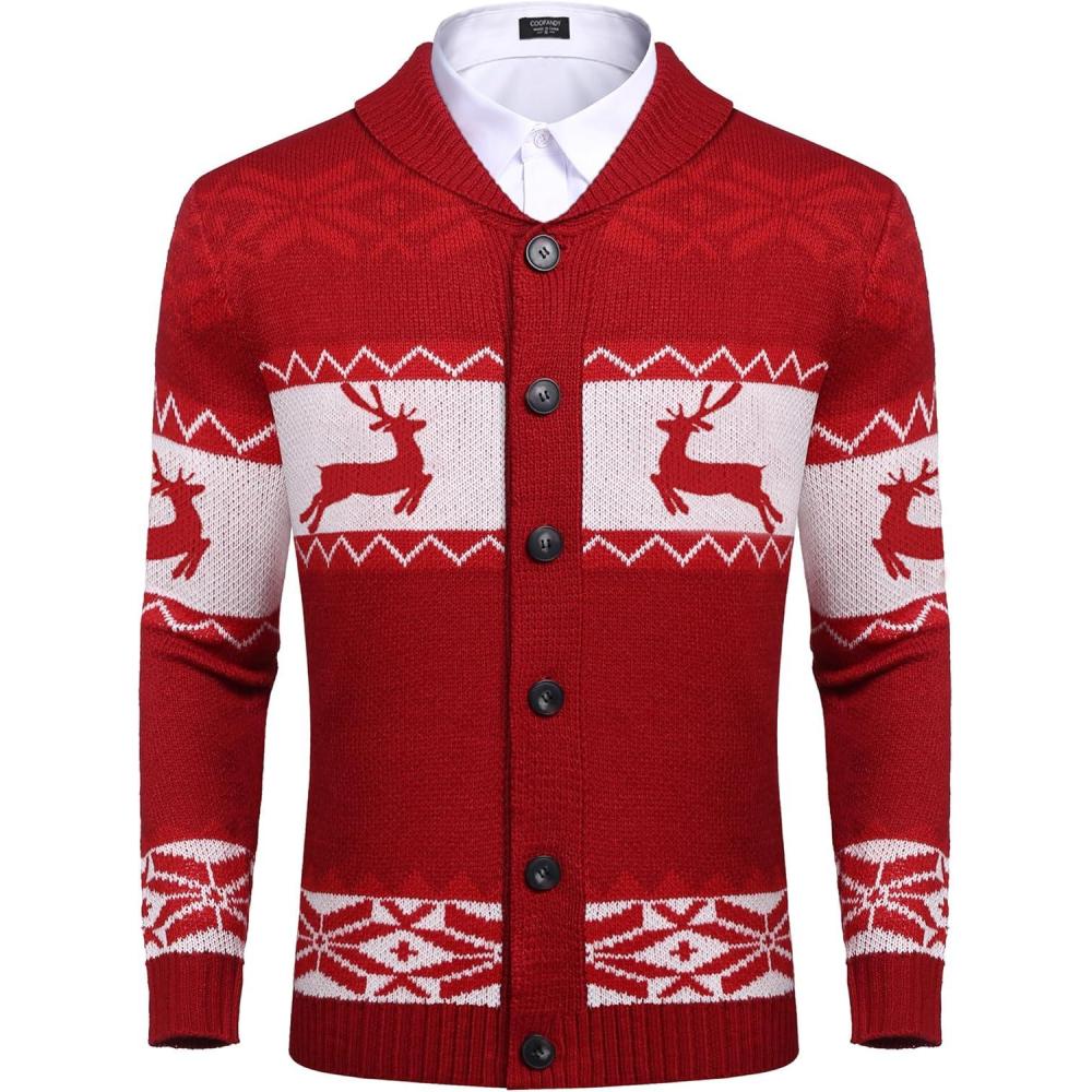 imageCOOFANDY Mens Christmas Cardigans Ugly Xmas Sweaters Reindeer Snowflake Shawl Collar Knitted Cardigan SweaterA Red a