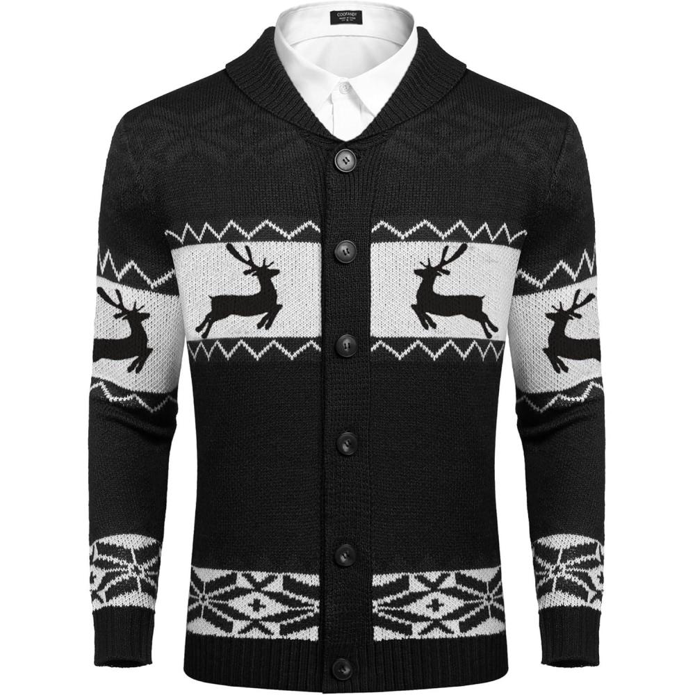 imageCOOFANDY Mens Christmas Cardigans Ugly Xmas Sweaters Reindeer Snowflake Shawl Collar Knitted Cardigan SweaterBlack