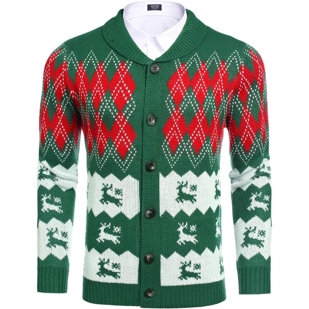 imageCOOFANDY Mens Christmas Cardigans Ugly Xmas Sweaters Reindeer Snowflake Shawl Collar Knitted Cardigan SweaterCheckered Christmas Tree