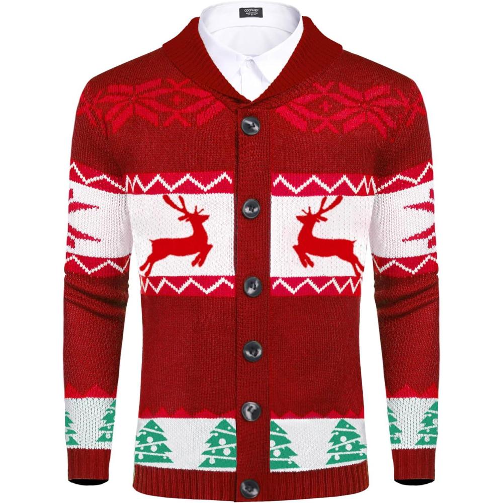 imageCOOFANDY Mens Christmas Cardigans Ugly Xmas Sweaters Reindeer Snowflake Shawl Collar Knitted Cardigan SweaterChristmas Red