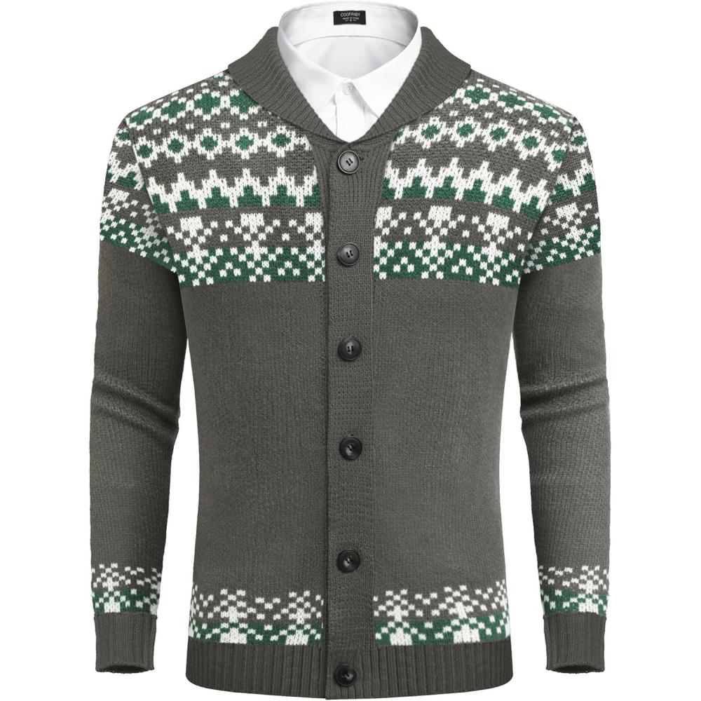 imageCOOFANDY Mens Christmas Cardigans Ugly Xmas Sweaters Reindeer Snowflake Shawl Collar Knitted Cardigan SweaterGraygreenwhite