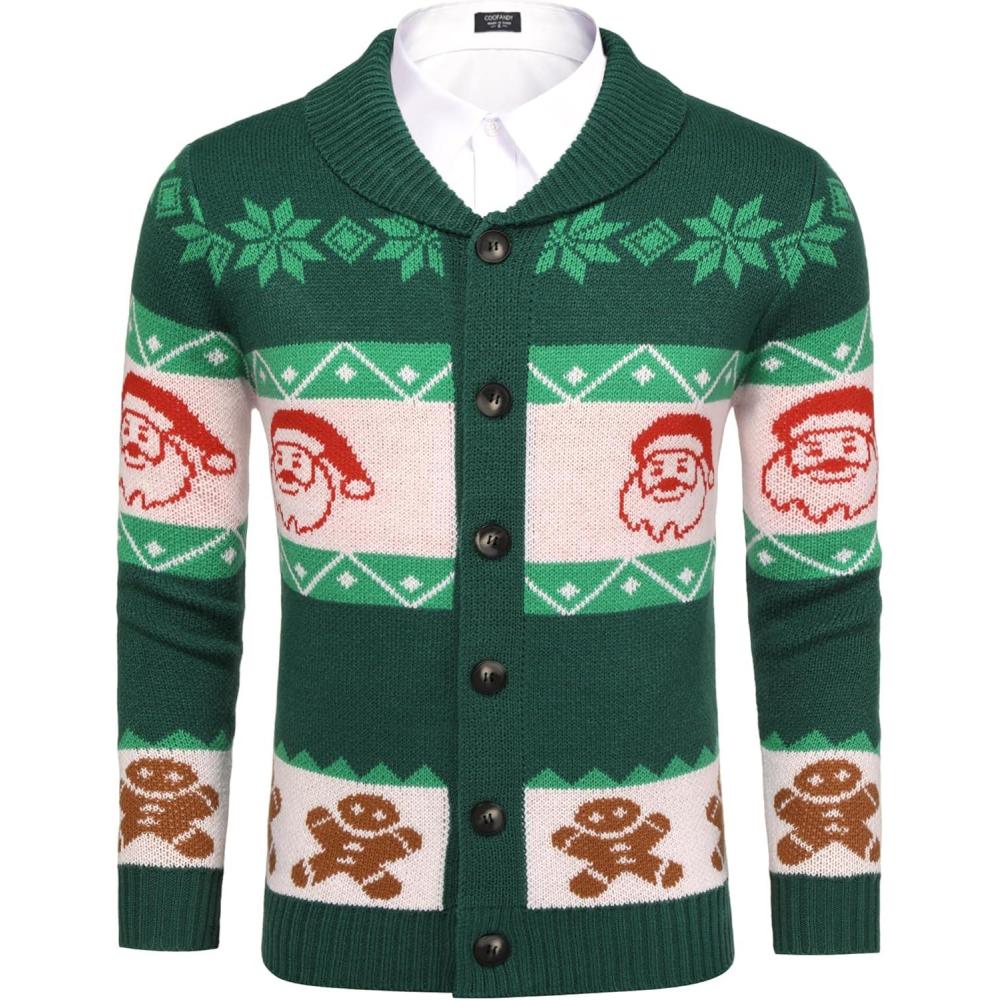 imageCOOFANDY Mens Christmas Cardigans Ugly Xmas Sweaters Reindeer Snowflake Shawl Collar Knitted Cardigan SweaterGreen Santa Claus