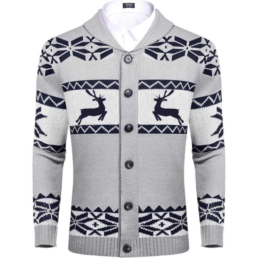 imageCOOFANDY Mens Christmas Cardigans Ugly Xmas Sweaters Reindeer Snowflake Shawl Collar Knitted Cardigan SweaterGrey