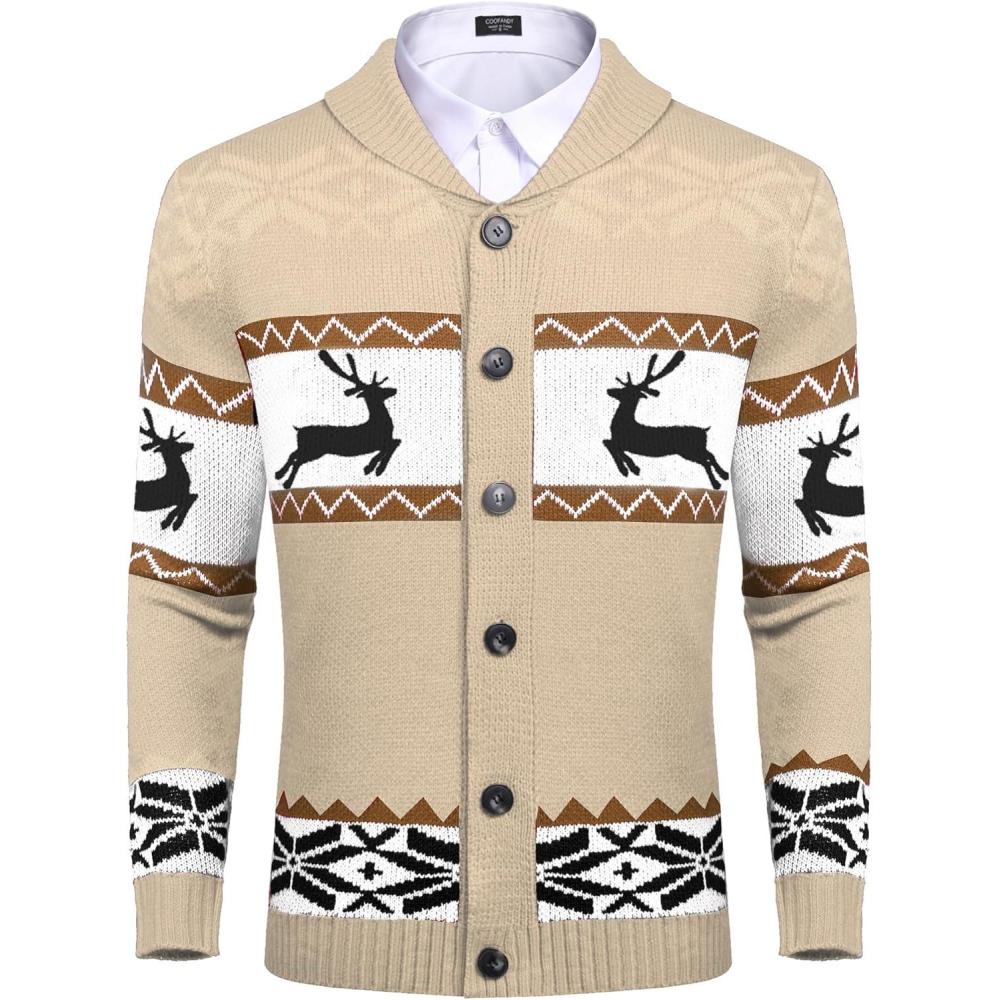 imageCOOFANDY Mens Christmas Cardigans Ugly Xmas Sweaters Reindeer Snowflake Shawl Collar Knitted Cardigan SweaterLight Apricot