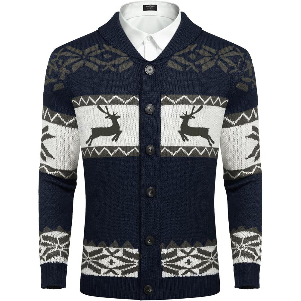 imageCOOFANDY Mens Christmas Cardigans Ugly Xmas Sweaters Reindeer Snowflake Shawl Collar Knitted Cardigan SweaterNavy Blue