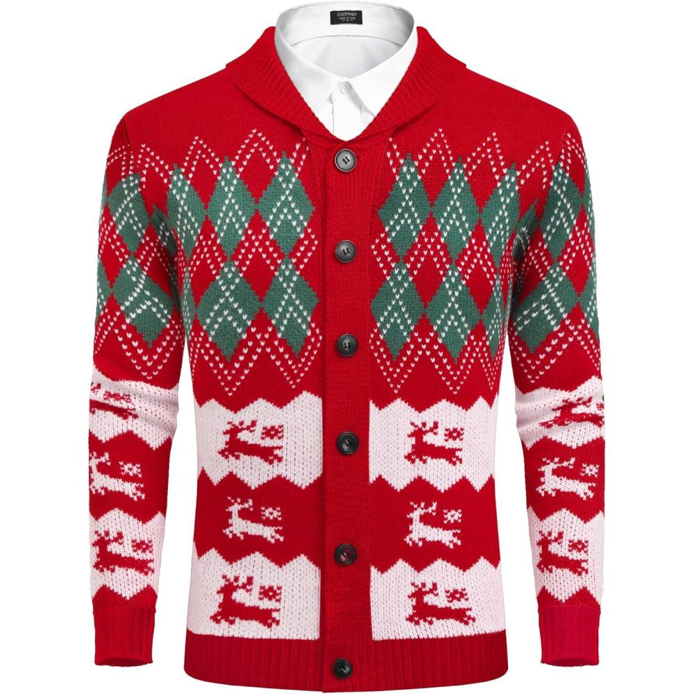 imageCOOFANDY Mens Christmas Cardigans Ugly Xmas Sweaters Reindeer Snowflake Shawl Collar Knitted Cardigan SweaterRed Elk Green White