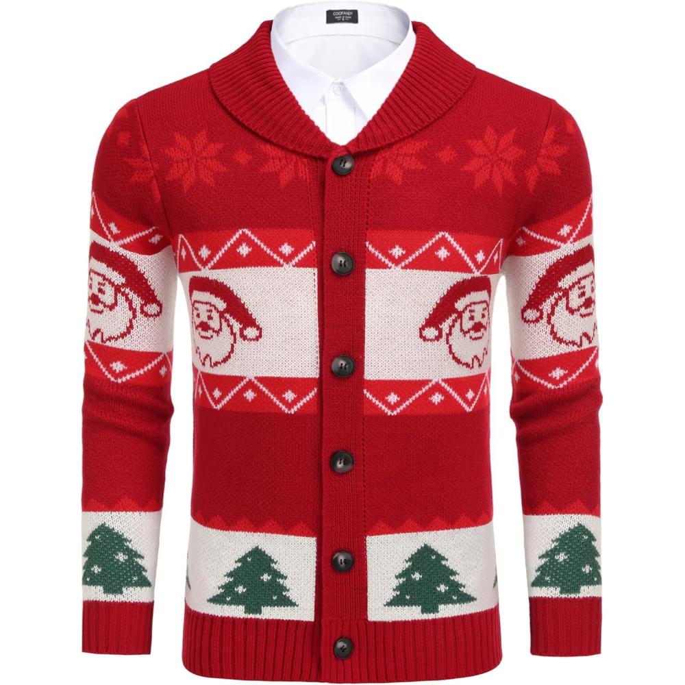 imageCOOFANDY Mens Christmas Cardigans Ugly Xmas Sweaters Reindeer Snowflake Shawl Collar Knitted Cardigan SweaterRed Santa Claus