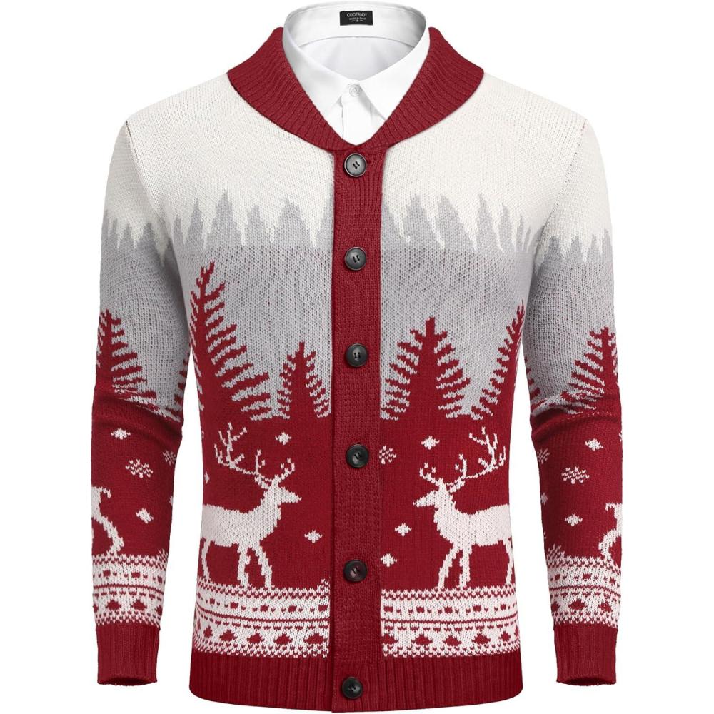 imageCOOFANDY Mens Christmas Cardigans Ugly Xmas Sweaters Reindeer Snowflake Shawl Collar Knitted Cardigan SweaterRedwhitegray