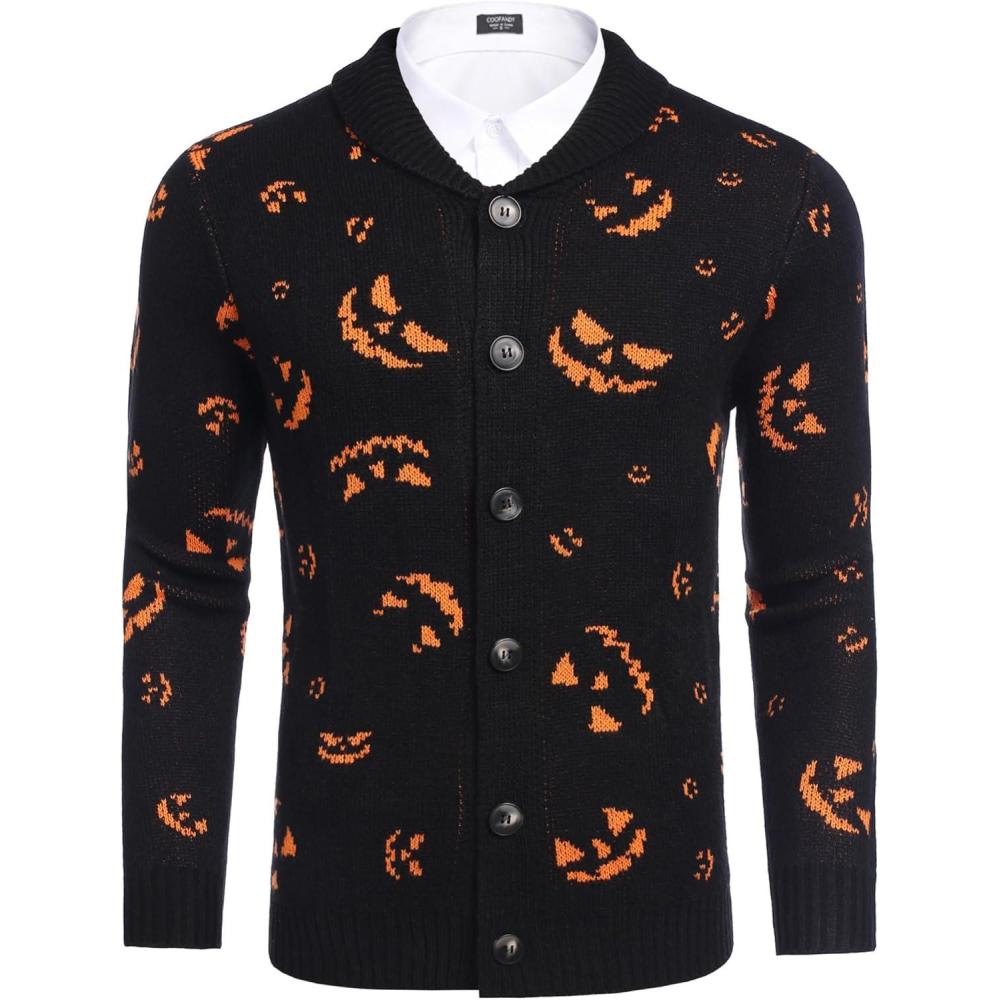 imageCOOFANDY Mens Christmas Cardigans Ugly Xmas Sweaters Reindeer Snowflake Shawl Collar Knitted Cardigan SweaterYellow Pumpkin