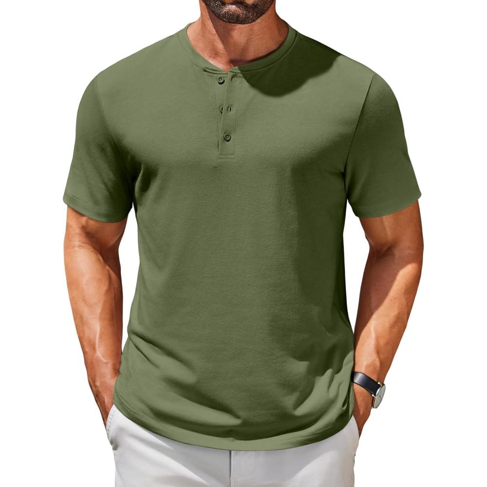 imageCOOFANDY Mens Cotton Henley TShirts Short Sleeve Button Casual Basic Tees Work Shirts with Split SideAarmy Green
