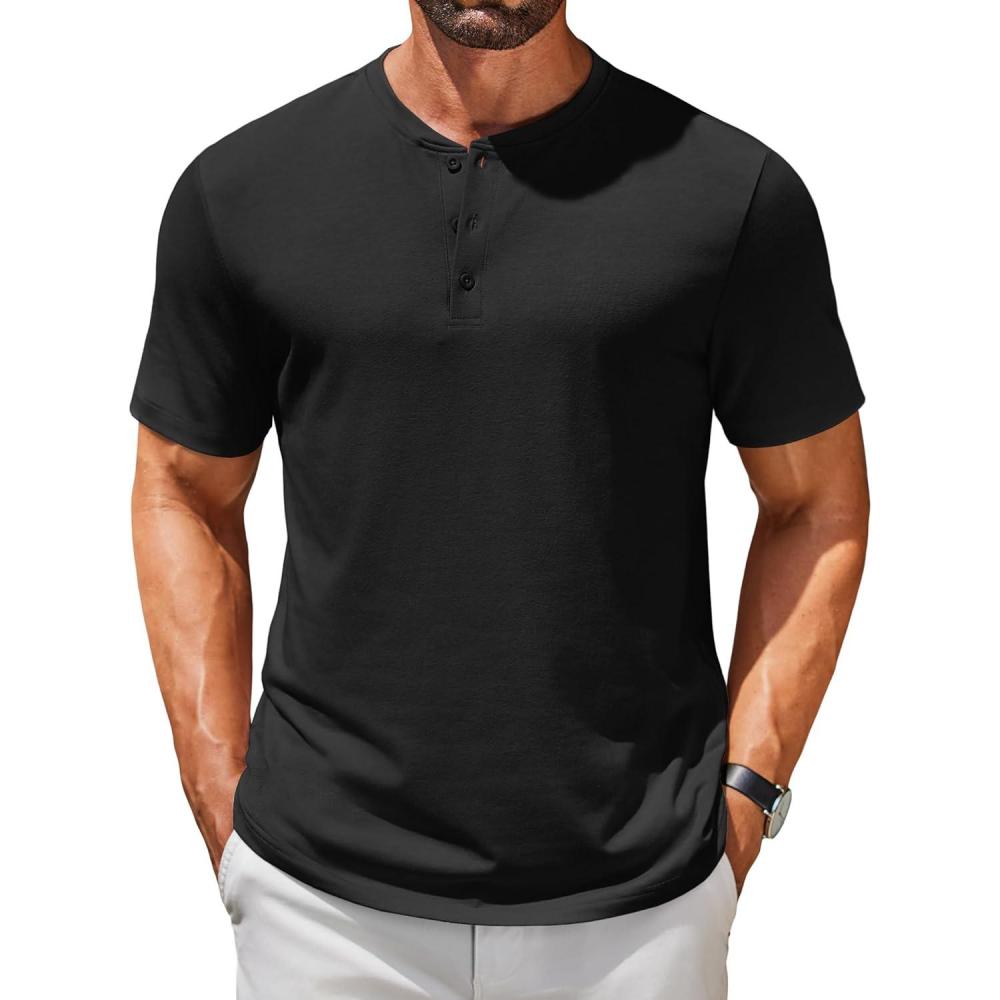 imageCOOFANDY Mens Cotton Henley TShirts Short Sleeve Button Casual Basic Tees Work Shirts with Split SideAblack