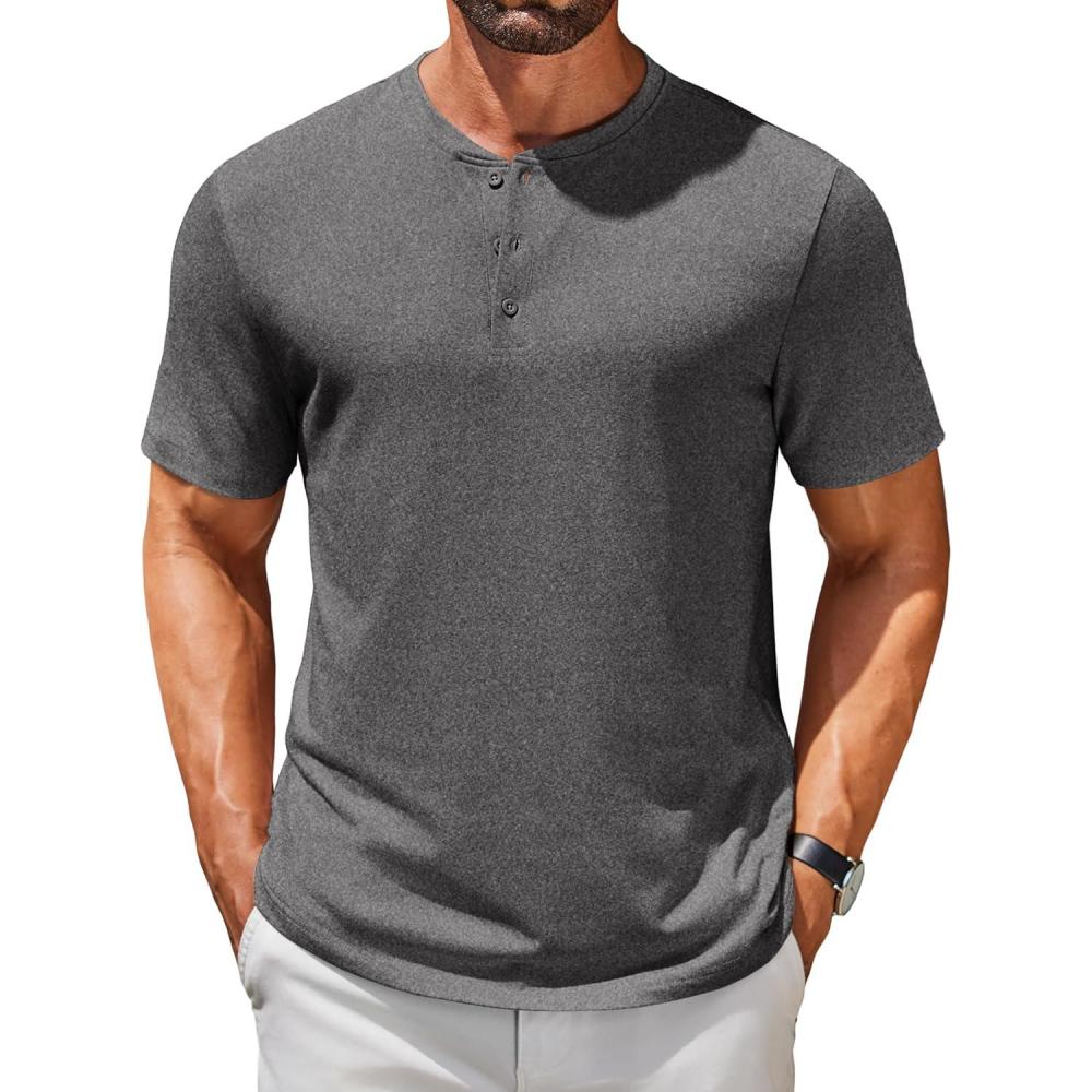 imageCOOFANDY Mens Cotton Henley TShirts Short Sleeve Button Casual Basic Tees Work Shirts with Split SideAdark Grey