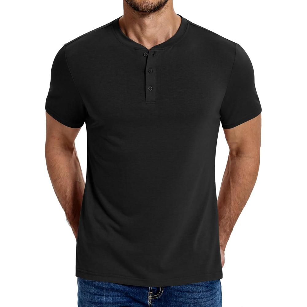 imageCOOFANDY Mens Cotton Henley TShirts Short Sleeve Button Casual Basic Tees Work Shirts with Split SideAll Black