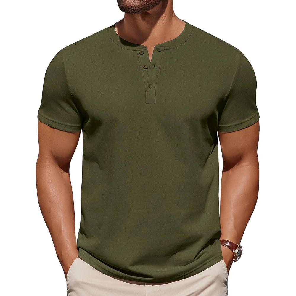imageCOOFANDY Mens Cotton Henley TShirts Short Sleeve Button Casual Basic Tees Work Shirts with Split SideArmy Green