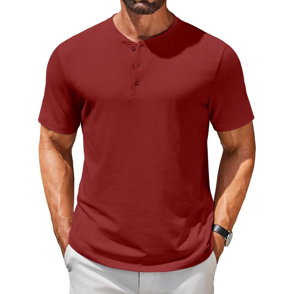 imageCOOFANDY Mens Cotton Henley TShirts Short Sleeve Button Casual Basic Tees Work Shirts with Split SideAwine Red