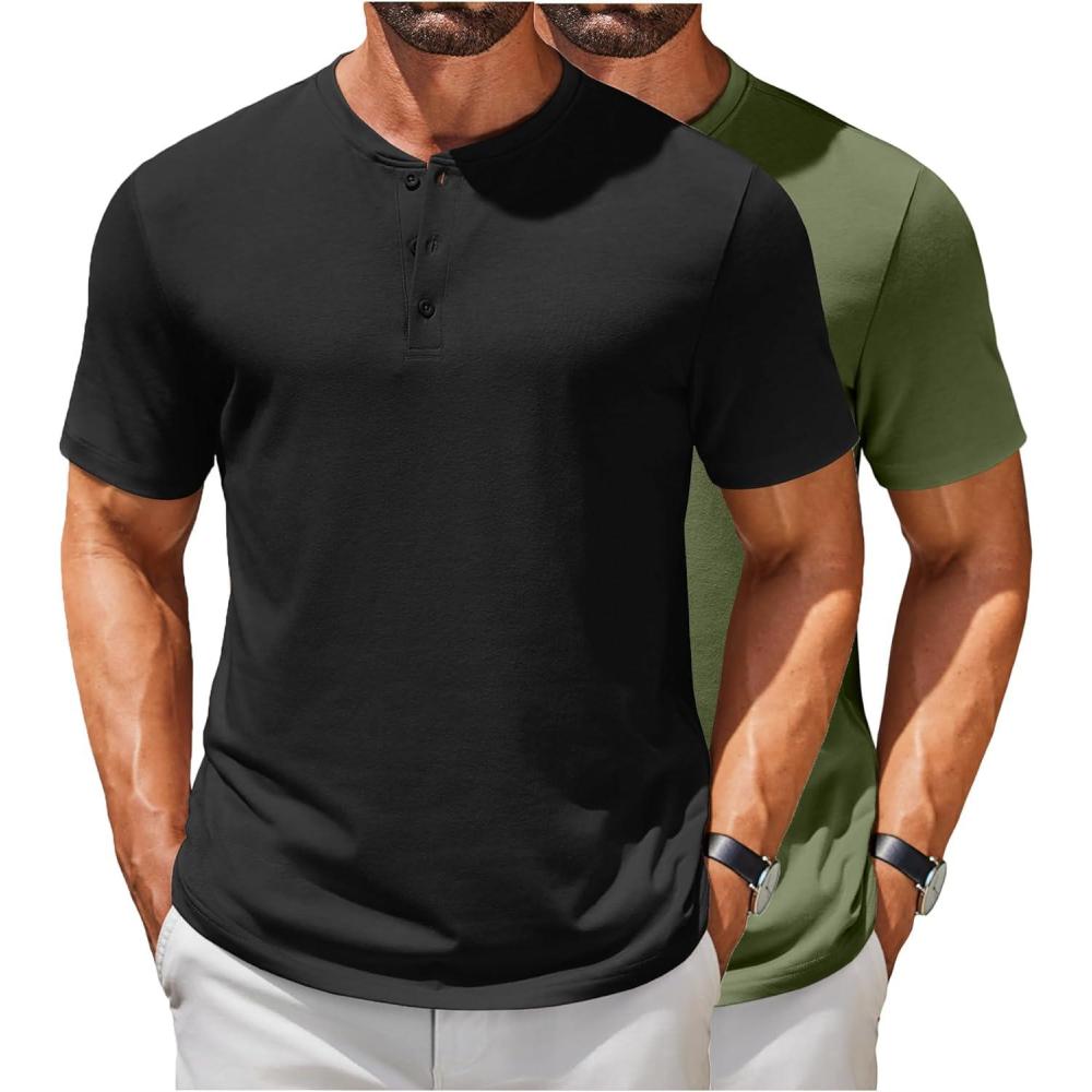 imageCOOFANDY Mens Cotton Henley TShirts Short Sleeve Button Casual Basic Tees Work Shirts with Split SideB2 Pack BlackArmy Green